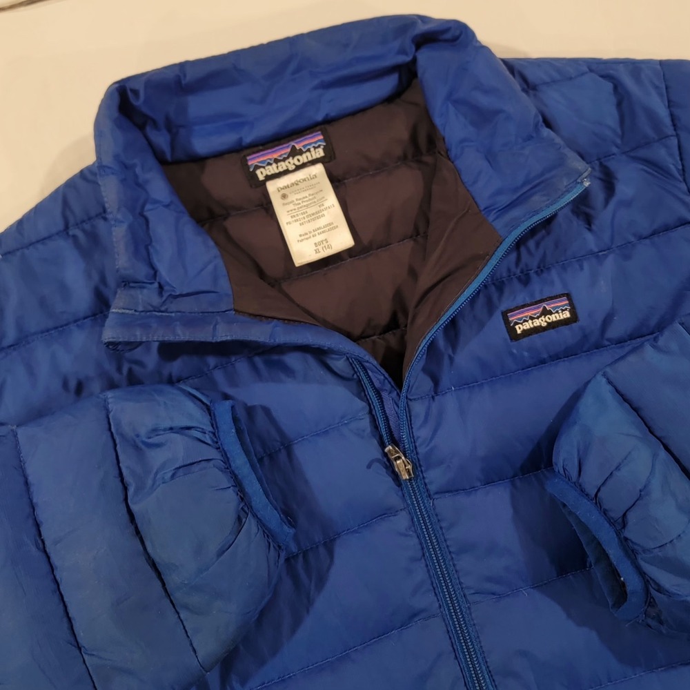 Patagonia Goose Down Sweater‎ Jacket Youth XL 14 Boys Grey Full Zip Puffer Coat